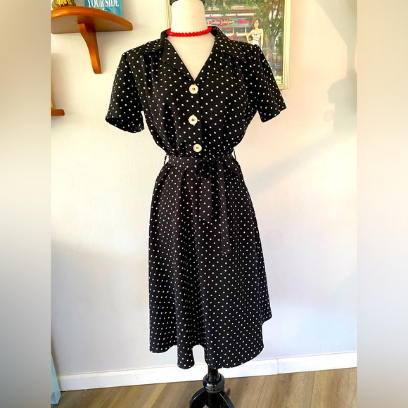 Pretty Retro Dresses & Skirts - Pretty Retro 40s Shirt Dress in Black with White Polka Dots